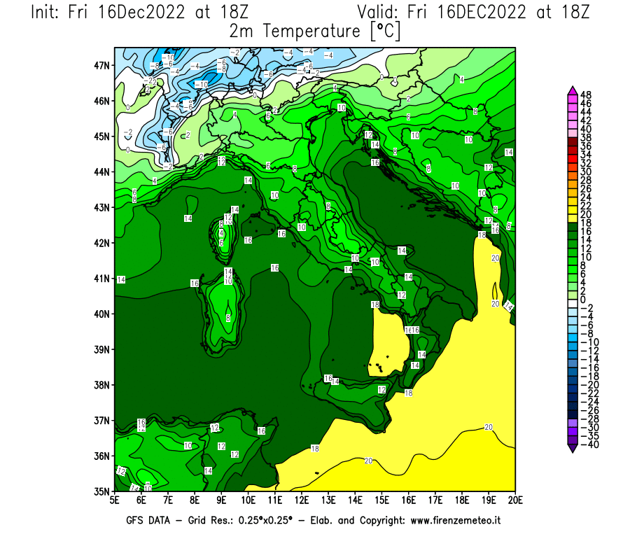 Mappa di analisi GFS - Temperatura a 2 metri dal suolo [°C] in Italia
							del 16/12/2022 18 <!--googleoff: index-->UTC<!--googleon: index-->