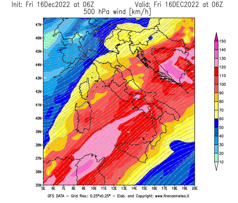 Mappa di analisi GFS - Velocità del vento a 500 hPa [km/h] in Italia
							del 16/12/2022 06 <!--googleoff: index-->UTC<!--googleon: index-->