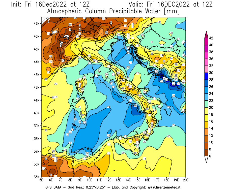 Mappa di analisi GFS - Precipitable Water [mm] in Italia
							del 16/12/2022 12 <!--googleoff: index-->UTC<!--googleon: index-->