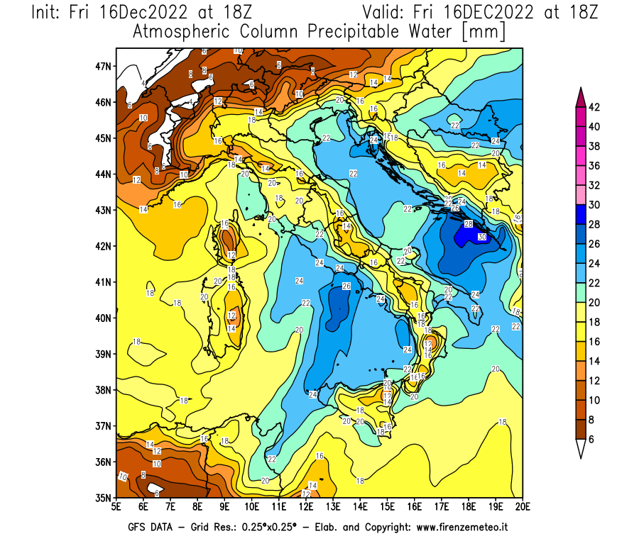 Mappa di analisi GFS - Precipitable Water [mm] in Italia
							del 16/12/2022 18 <!--googleoff: index-->UTC<!--googleon: index-->
