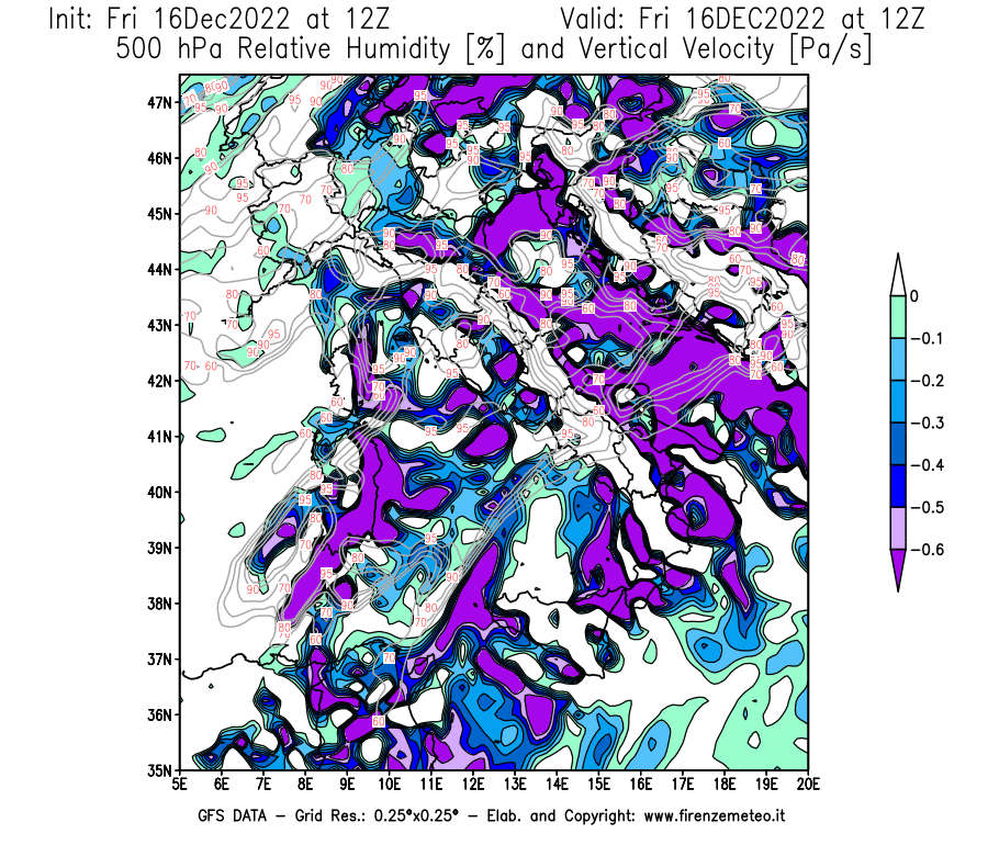 Mappa di analisi GFS - Umidità relativa [%] e Omega [Pa/s] a 500 hPa in Italia
							del 16/12/2022 12 <!--googleoff: index-->UTC<!--googleon: index-->