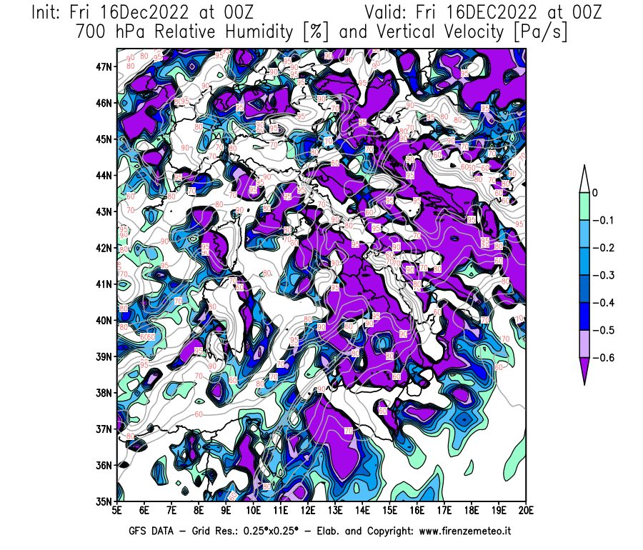 Mappa di analisi GFS - Umidità relativa [%] e Omega [Pa/s] a 700 hPa in Italia
							del 16/12/2022 00 <!--googleoff: index-->UTC<!--googleon: index-->