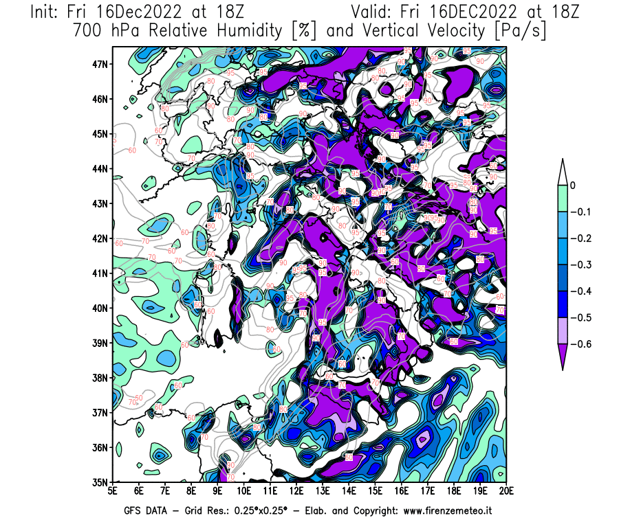 Mappa di analisi GFS - Umidità relativa [%] e Omega [Pa/s] a 700 hPa in Italia
							del 16/12/2022 18 <!--googleoff: index-->UTC<!--googleon: index-->