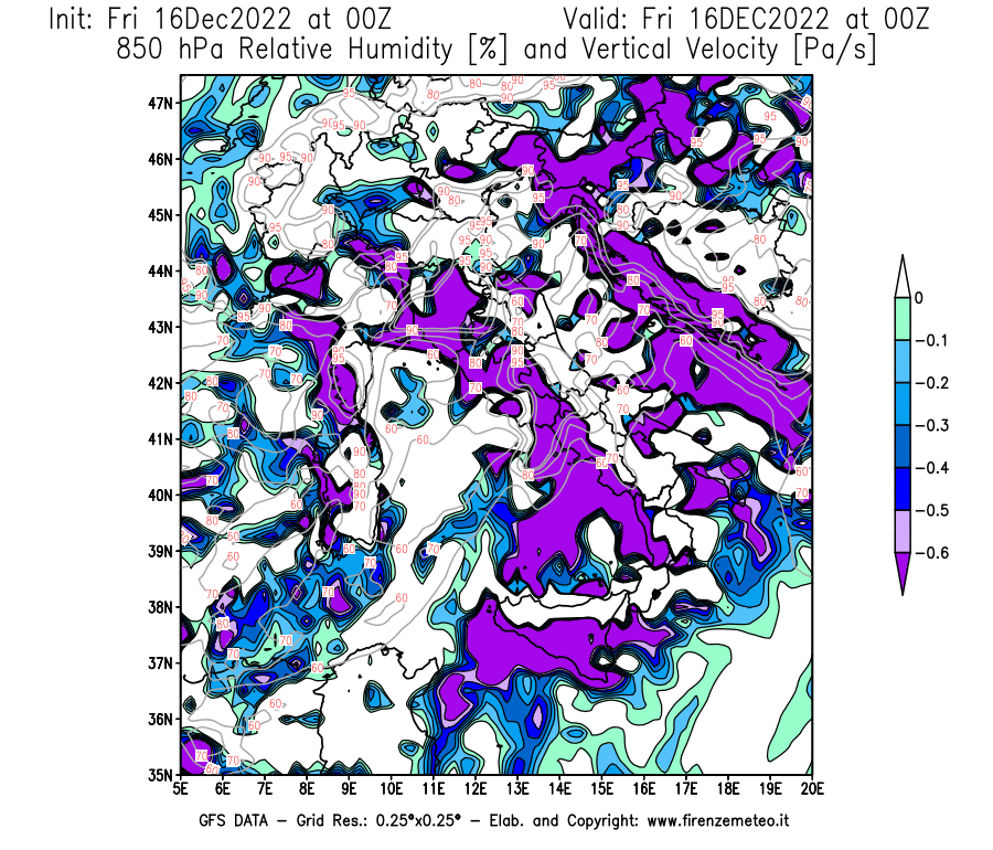 Mappa di analisi GFS - Umidità relativa [%] e Omega [Pa/s] a 850 hPa in Italia
							del 16/12/2022 00 <!--googleoff: index-->UTC<!--googleon: index-->
