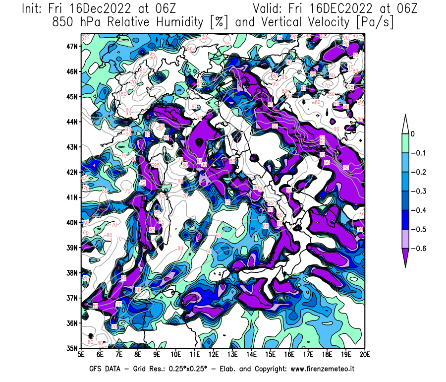 Mappa di analisi GFS - Umidità relativa [%] e Omega [Pa/s] a 850 hPa in Italia
							del 16/12/2022 06 <!--googleoff: index-->UTC<!--googleon: index-->