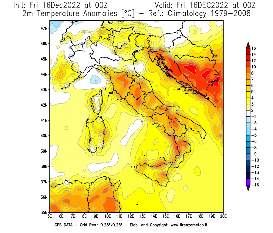 Mappa di analisi GFS - Anomalia Temperatura [°C] a 2 m in Italia
							del 16/12/2022 00 <!--googleoff: index-->UTC<!--googleon: index-->