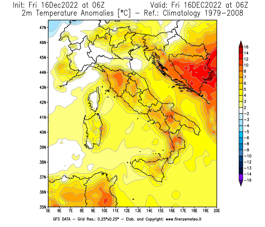 Mappa di analisi GFS - Anomalia Temperatura [°C] a 2 m in Italia
							del 16/12/2022 06 <!--googleoff: index-->UTC<!--googleon: index-->