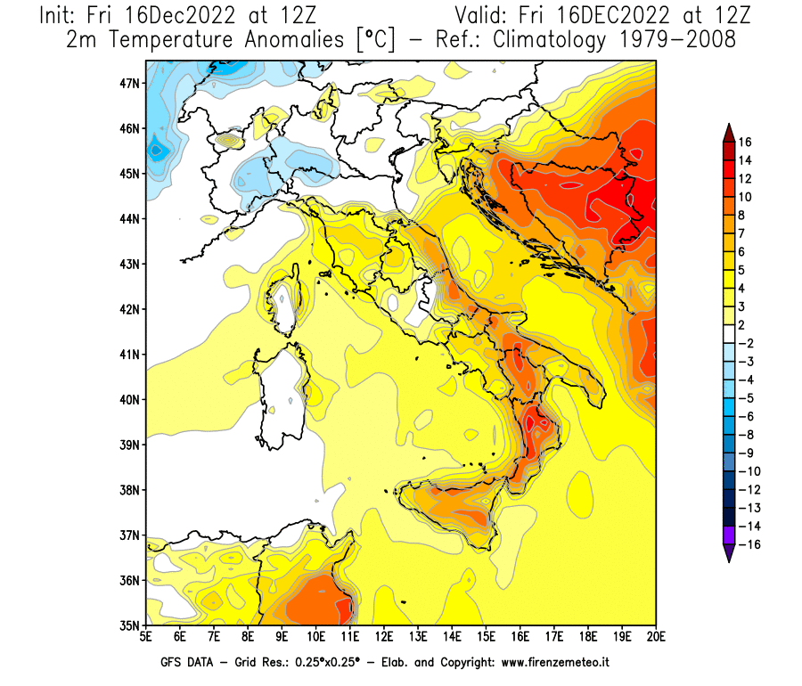 Mappa di analisi GFS - Anomalia Temperatura [°C] a 2 m in Italia
							del 16/12/2022 12 <!--googleoff: index-->UTC<!--googleon: index-->