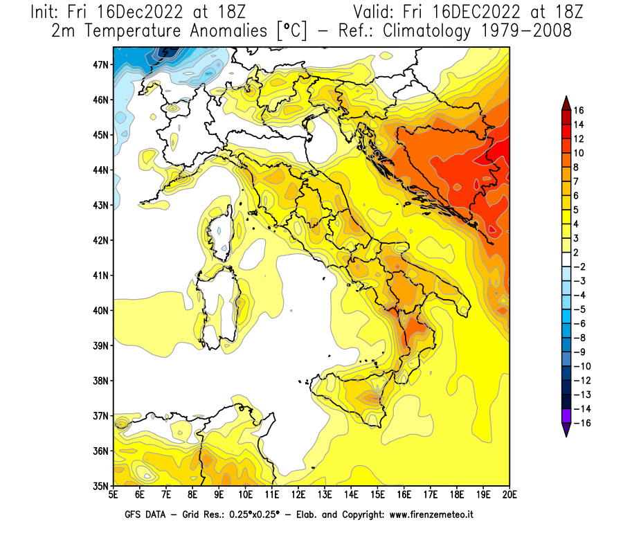 Mappa di analisi GFS - Anomalia Temperatura [°C] a 2 m in Italia
							del 16/12/2022 18 <!--googleoff: index-->UTC<!--googleon: index-->