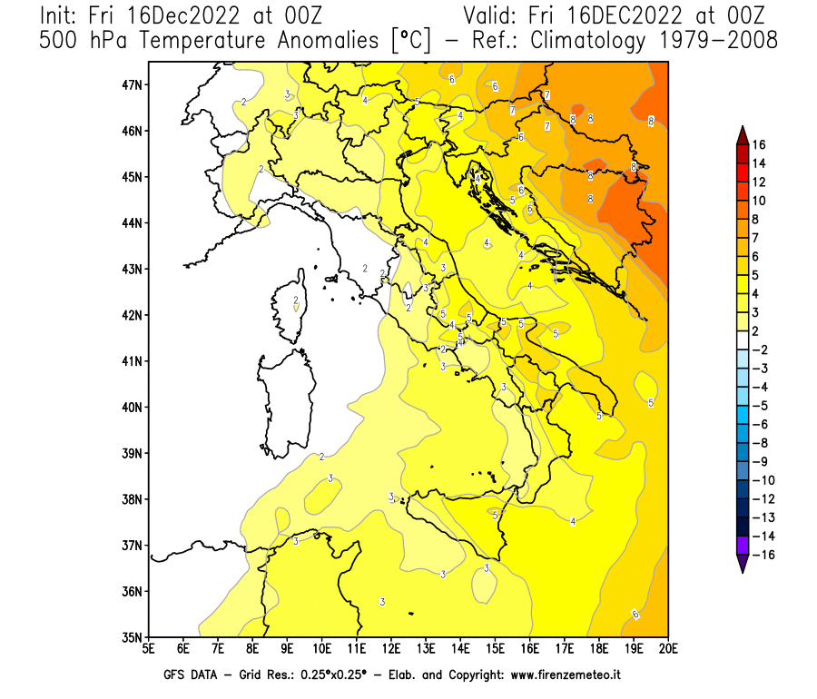 Mappa di analisi GFS - Anomalia Temperatura [°C] a 500 hPa in Italia
							del 16/12/2022 00 <!--googleoff: index-->UTC<!--googleon: index-->