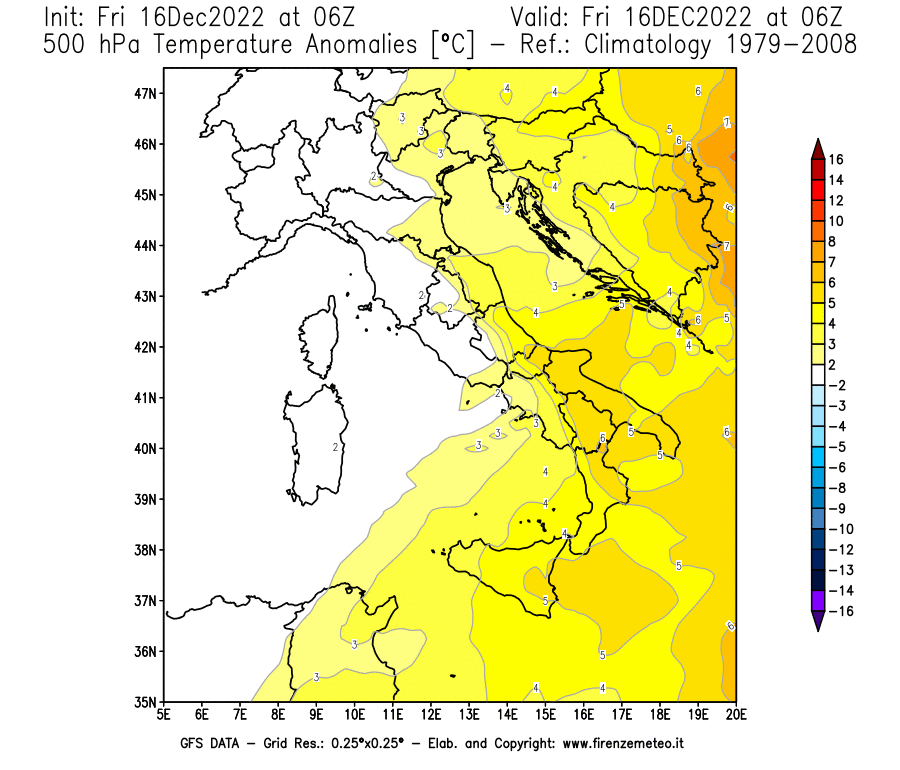 Mappa di analisi GFS - Anomalia Temperatura [°C] a 500 hPa in Italia
							del 16/12/2022 06 <!--googleoff: index-->UTC<!--googleon: index-->