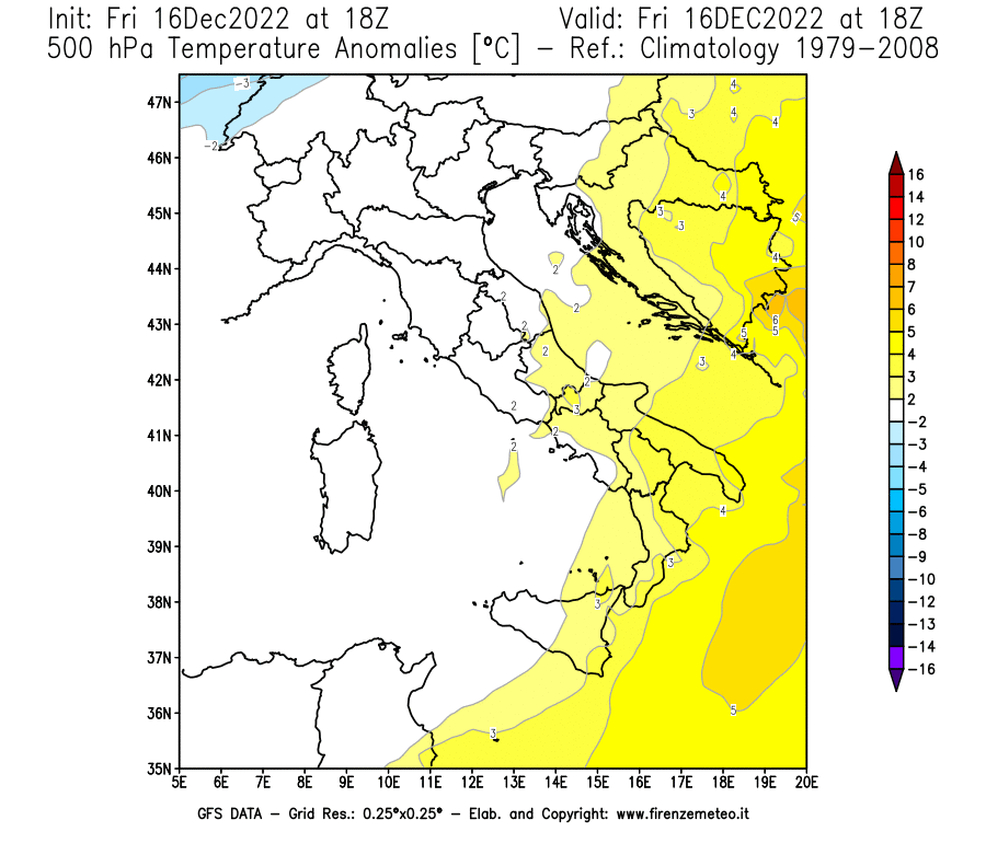 Mappa di analisi GFS - Anomalia Temperatura [°C] a 500 hPa in Italia
							del 16/12/2022 18 <!--googleoff: index-->UTC<!--googleon: index-->