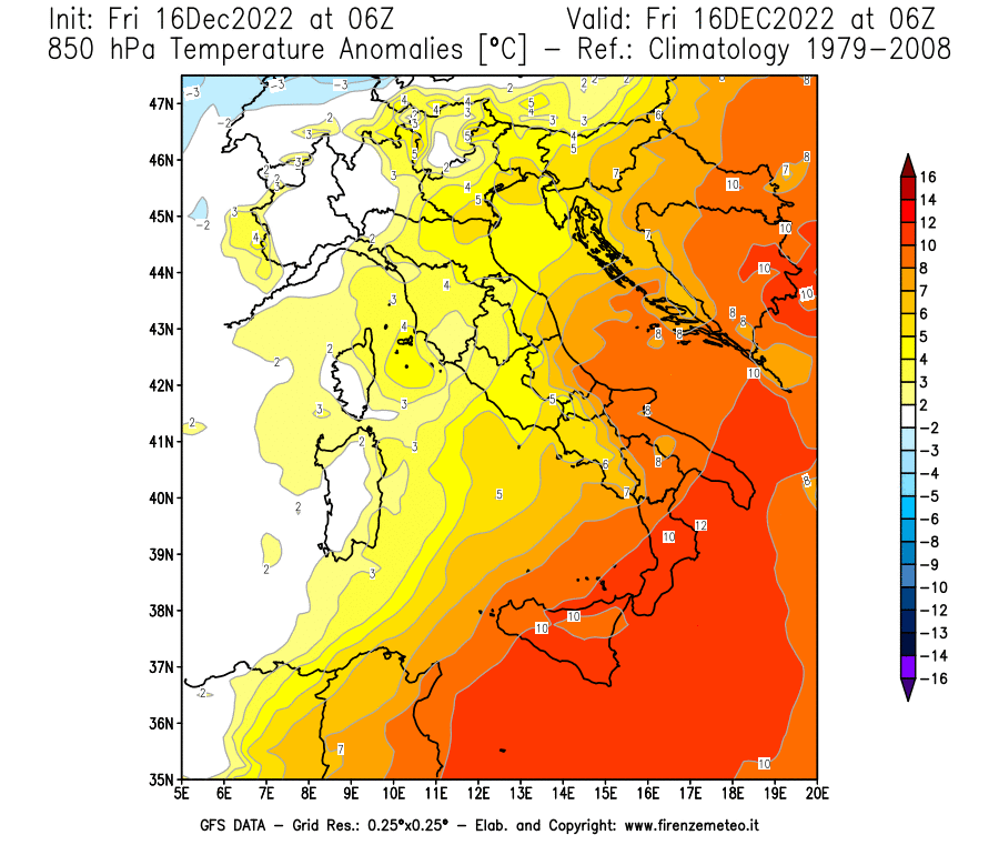 Mappa di analisi GFS - Anomalia Temperatura [°C] a 850 hPa in Italia
							del 16/12/2022 06 <!--googleoff: index-->UTC<!--googleon: index-->