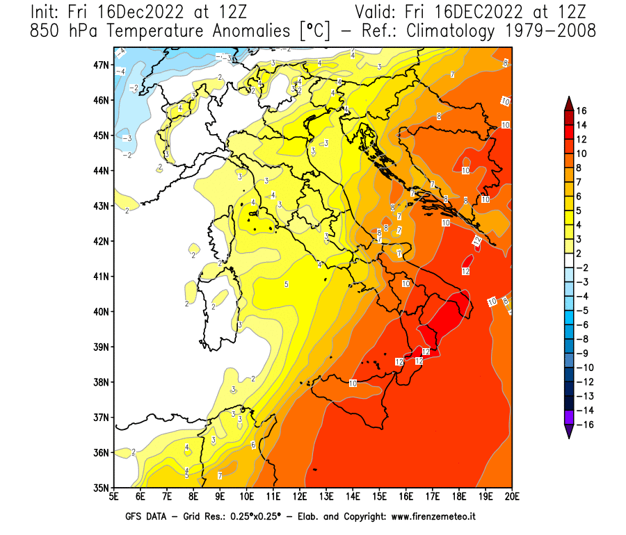 Mappa di analisi GFS - Anomalia Temperatura [°C] a 850 hPa in Italia
							del 16/12/2022 12 <!--googleoff: index-->UTC<!--googleon: index-->