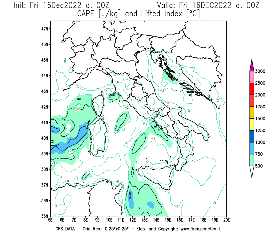 Mappa di analisi GFS - CAPE [J/kg] e Lifted Index [°C] in Italia
							del 16/12/2022 00 <!--googleoff: index-->UTC<!--googleon: index-->