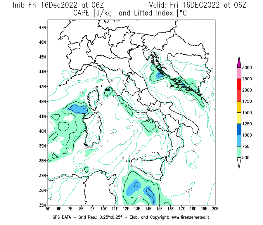 Mappa di analisi GFS - CAPE [J/kg] e Lifted Index [°C] in Italia
							del 16/12/2022 06 <!--googleoff: index-->UTC<!--googleon: index-->