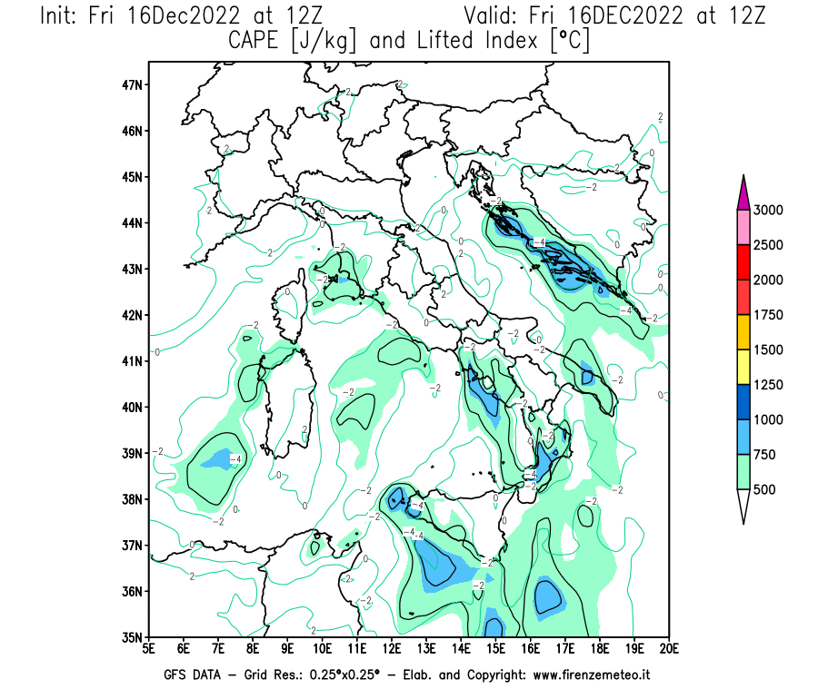 Mappa di analisi GFS - CAPE [J/kg] e Lifted Index [°C] in Italia
							del 16/12/2022 12 <!--googleoff: index-->UTC<!--googleon: index-->