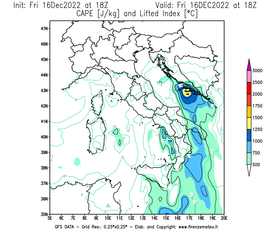 Mappa di analisi GFS - CAPE [J/kg] e Lifted Index [°C] in Italia
							del 16/12/2022 18 <!--googleoff: index-->UTC<!--googleon: index-->