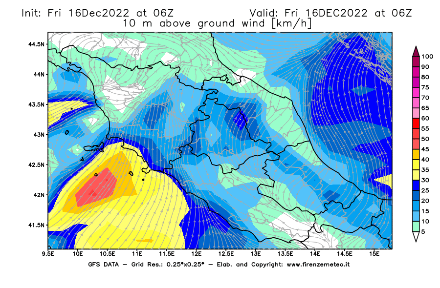 Mappa di analisi GFS - Velocità del vento a 10 metri dal suolo [km/h] in Centro-Italia
							del 16/12/2022 06 <!--googleoff: index-->UTC<!--googleon: index-->