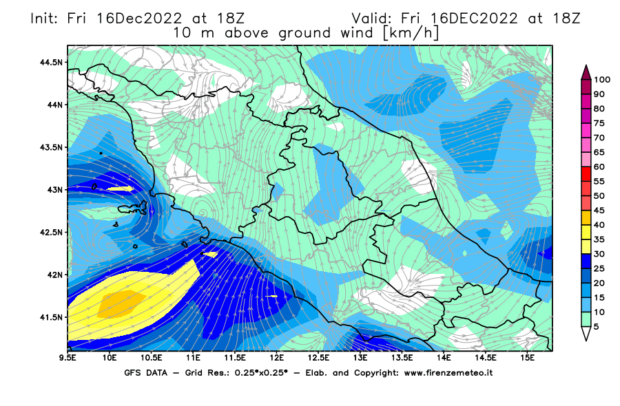 Mappa di analisi GFS - Velocità del vento a 10 metri dal suolo [km/h] in Centro-Italia
							del 16/12/2022 18 <!--googleoff: index-->UTC<!--googleon: index-->