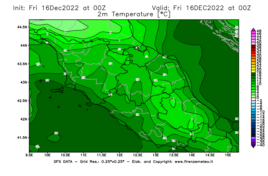 Mappa di analisi GFS - Temperatura a 2 metri dal suolo [°C] in Centro-Italia
							del 16/12/2022 00 <!--googleoff: index-->UTC<!--googleon: index-->