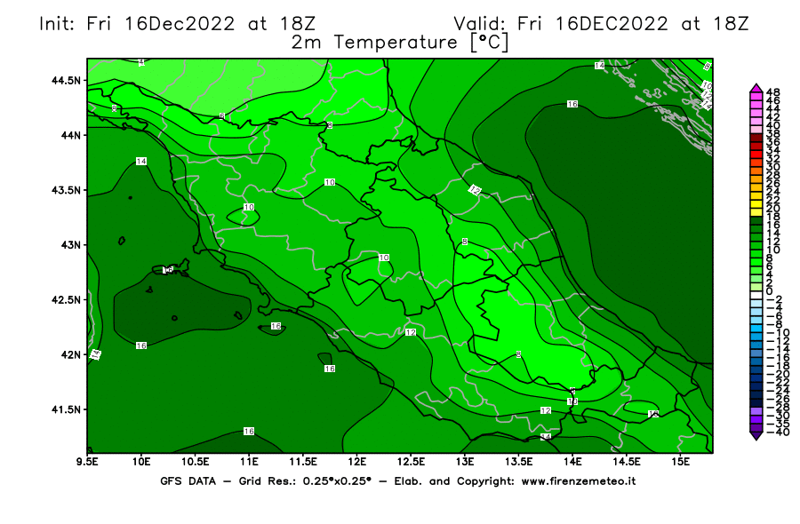 Mappa di analisi GFS - Temperatura a 2 metri dal suolo [°C] in Centro-Italia
							del 16/12/2022 18 <!--googleoff: index-->UTC<!--googleon: index-->