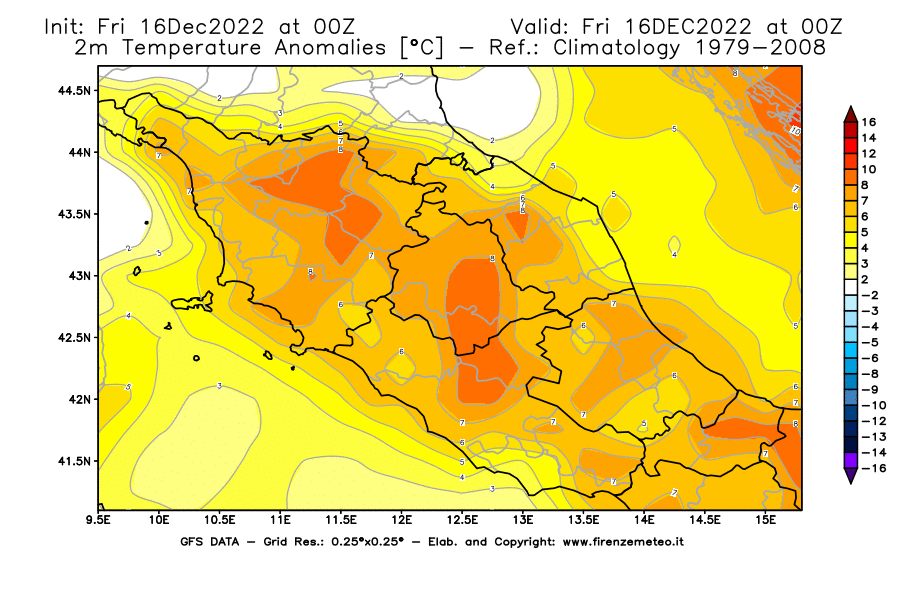 Mappa di analisi GFS - Anomalia Temperatura [°C] a 2 m in Centro-Italia
							del 16/12/2022 00 <!--googleoff: index-->UTC<!--googleon: index-->
