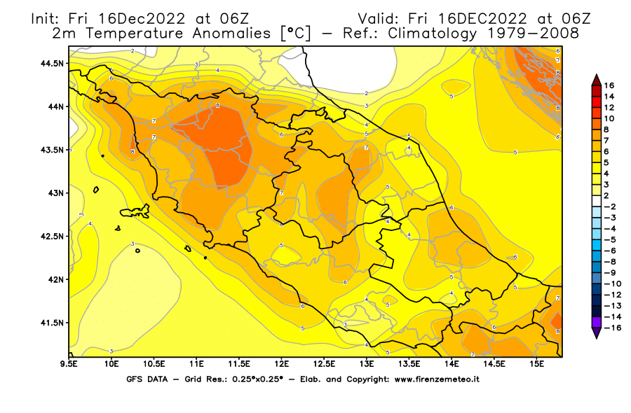 Mappa di analisi GFS - Anomalia Temperatura [°C] a 2 m in Centro-Italia
							del 16/12/2022 06 <!--googleoff: index-->UTC<!--googleon: index-->