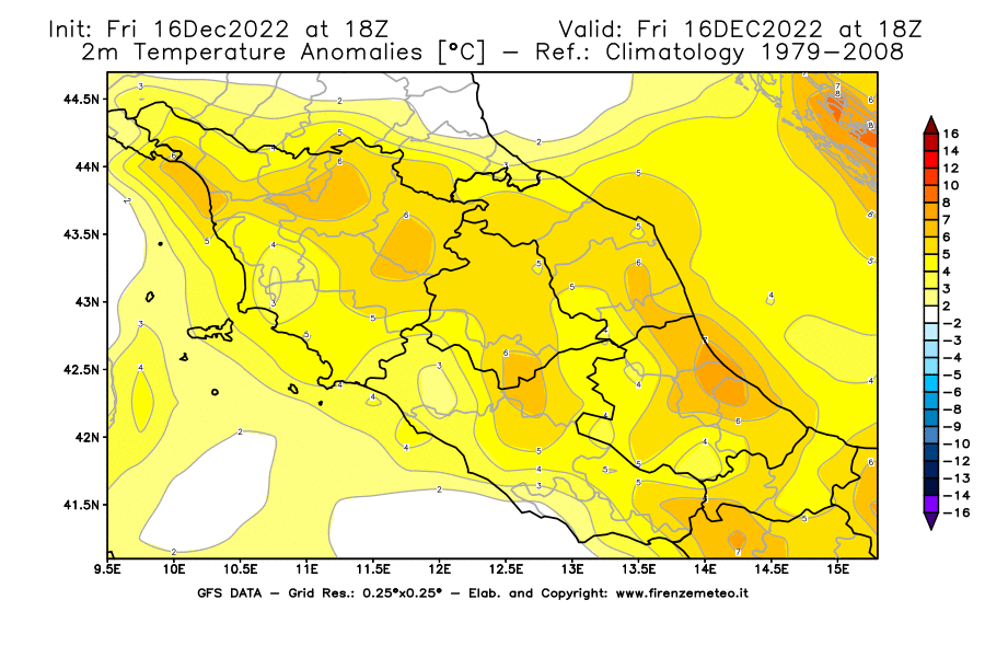 Mappa di analisi GFS - Anomalia Temperatura [°C] a 2 m in Centro-Italia
							del 16/12/2022 18 <!--googleoff: index-->UTC<!--googleon: index-->