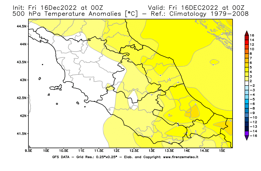 Mappa di analisi GFS - Anomalia Temperatura [°C] a 500 hPa in Centro-Italia
							del 16/12/2022 00 <!--googleoff: index-->UTC<!--googleon: index-->