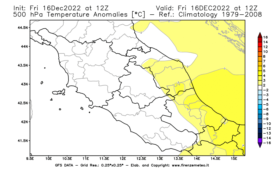 Mappa di analisi GFS - Anomalia Temperatura [°C] a 500 hPa in Centro-Italia
							del 16/12/2022 12 <!--googleoff: index-->UTC<!--googleon: index-->
