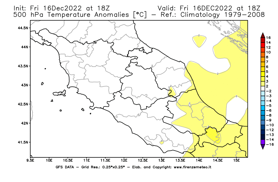 Mappa di analisi GFS - Anomalia Temperatura [°C] a 500 hPa in Centro-Italia
							del 16/12/2022 18 <!--googleoff: index-->UTC<!--googleon: index-->