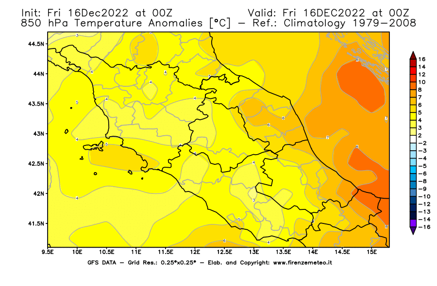 Mappa di analisi GFS - Anomalia Temperatura [°C] a 850 hPa in Centro-Italia
							del 16/12/2022 00 <!--googleoff: index-->UTC<!--googleon: index-->