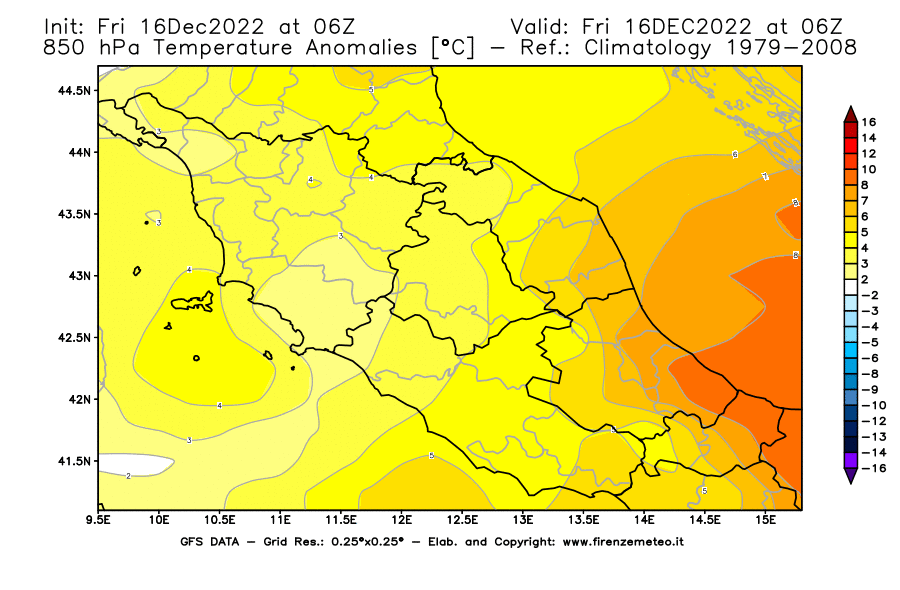 Mappa di analisi GFS - Anomalia Temperatura [°C] a 850 hPa in Centro-Italia
							del 16/12/2022 06 <!--googleoff: index-->UTC<!--googleon: index-->