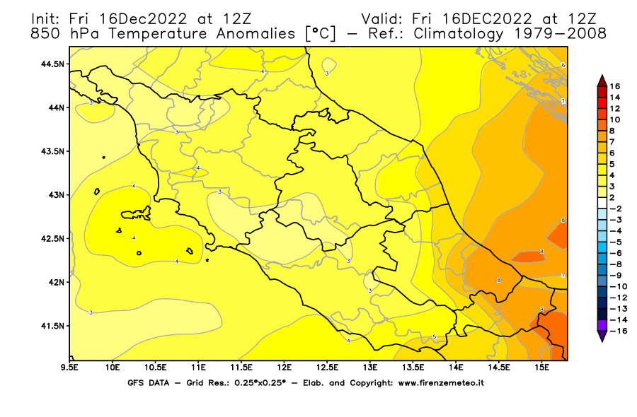 Mappa di analisi GFS - Anomalia Temperatura [°C] a 850 hPa in Centro-Italia
							del 16/12/2022 12 <!--googleoff: index-->UTC<!--googleon: index-->
