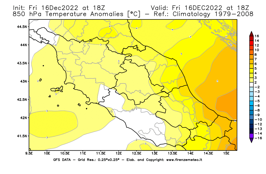 Mappa di analisi GFS - Anomalia Temperatura [°C] a 850 hPa in Centro-Italia
							del 16/12/2022 18 <!--googleoff: index-->UTC<!--googleon: index-->
