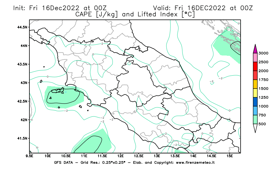 Mappa di analisi GFS - CAPE [J/kg] e Lifted Index [°C] in Centro-Italia
							del 16/12/2022 00 <!--googleoff: index-->UTC<!--googleon: index-->