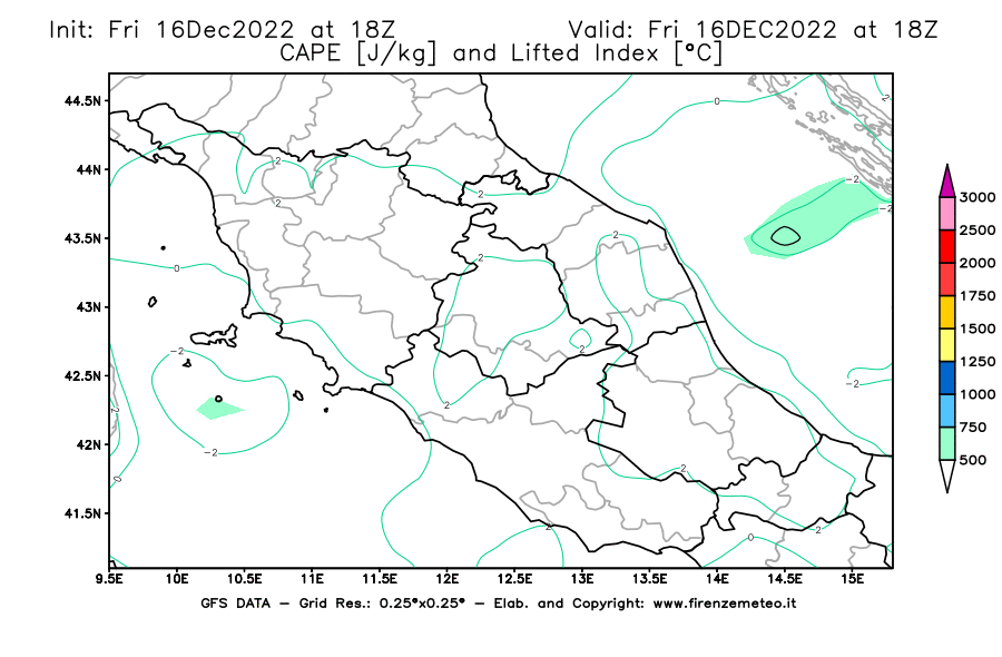 Mappa di analisi GFS - CAPE [J/kg] e Lifted Index [°C] in Centro-Italia
							del 16/12/2022 18 <!--googleoff: index-->UTC<!--googleon: index-->