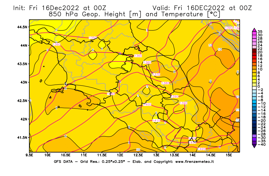 Mappa di analisi GFS - Geopotenziale [m] e Temperatura [°C] a 850 hPa in Centro-Italia
							del 16/12/2022 00 <!--googleoff: index-->UTC<!--googleon: index-->