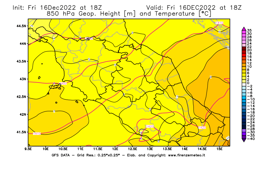 Mappa di analisi GFS - Geopotenziale [m] e Temperatura [°C] a 850 hPa in Centro-Italia
							del 16/12/2022 18 <!--googleoff: index-->UTC<!--googleon: index-->