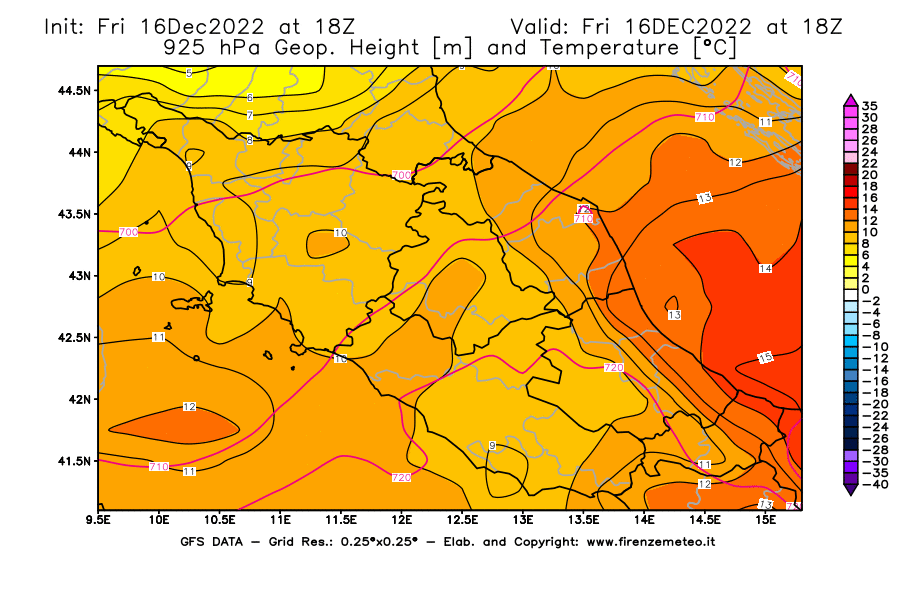 Mappa di analisi GFS - Geopotenziale [m] e Temperatura [°C] a 925 hPa in Centro-Italia
							del 16/12/2022 18 <!--googleoff: index-->UTC<!--googleon: index-->