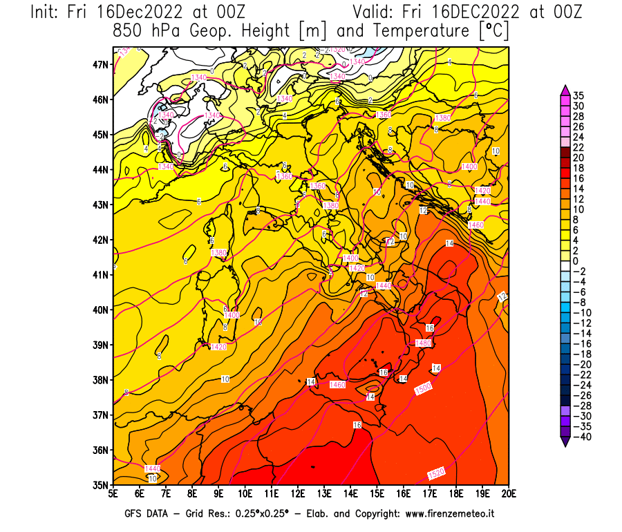 Mappa di analisi GFS - Geopotenziale [m] e Temperatura [°C] a 850 hPa in Italia
							del 16/12/2022 00 <!--googleoff: index-->UTC<!--googleon: index-->