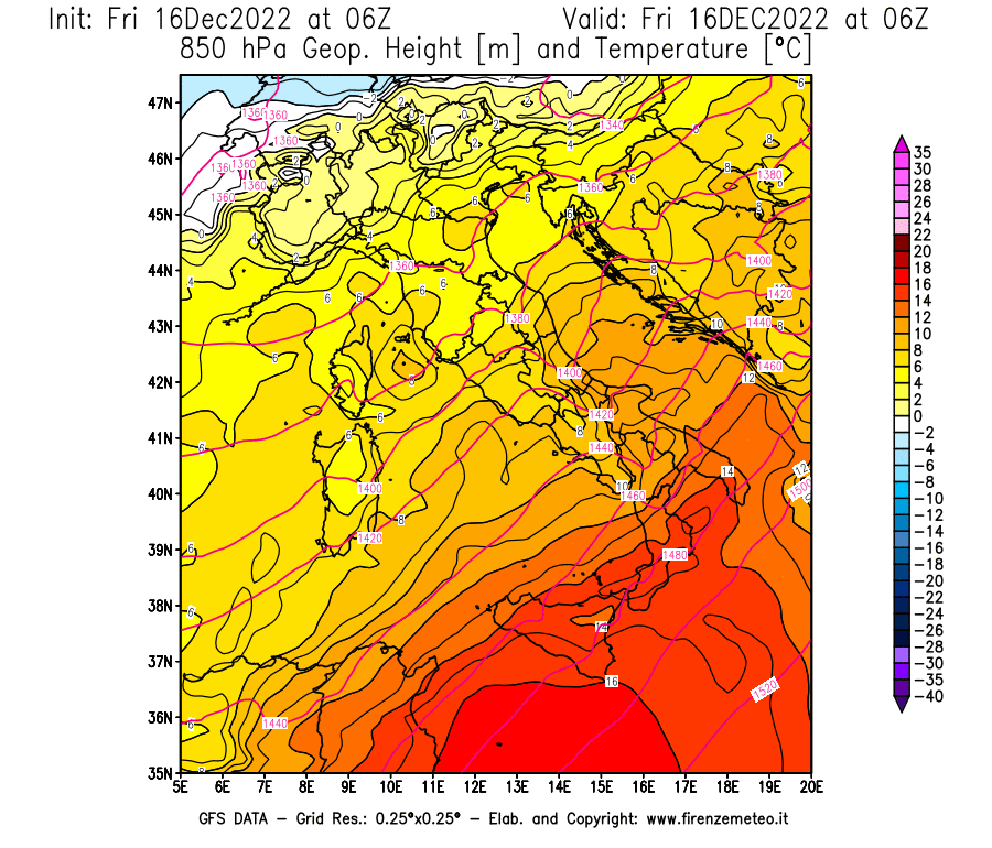 Mappa di analisi GFS - Geopotenziale [m] e Temperatura [°C] a 850 hPa in Italia
							del 16/12/2022 06 <!--googleoff: index-->UTC<!--googleon: index-->