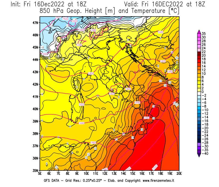 Mappa di analisi GFS - Geopotenziale [m] e Temperatura [°C] a 850 hPa in Italia
							del 16/12/2022 18 <!--googleoff: index-->UTC<!--googleon: index-->