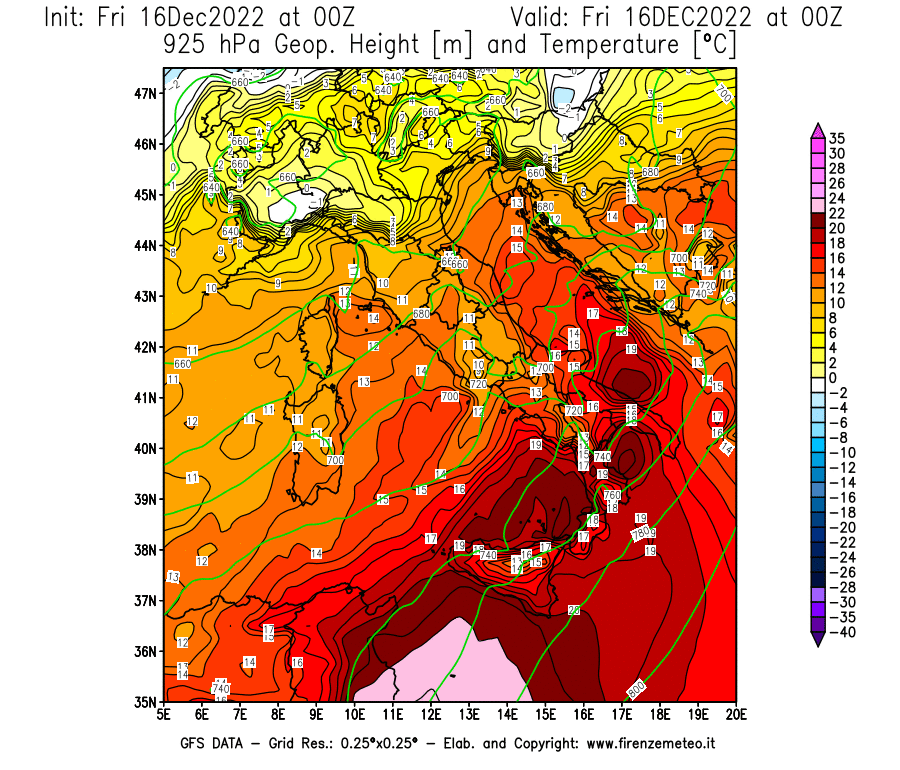 Mappa di analisi GFS - Geopotenziale [m] e Temperatura [°C] a 925 hPa in Italia
							del 16/12/2022 00 <!--googleoff: index-->UTC<!--googleon: index-->