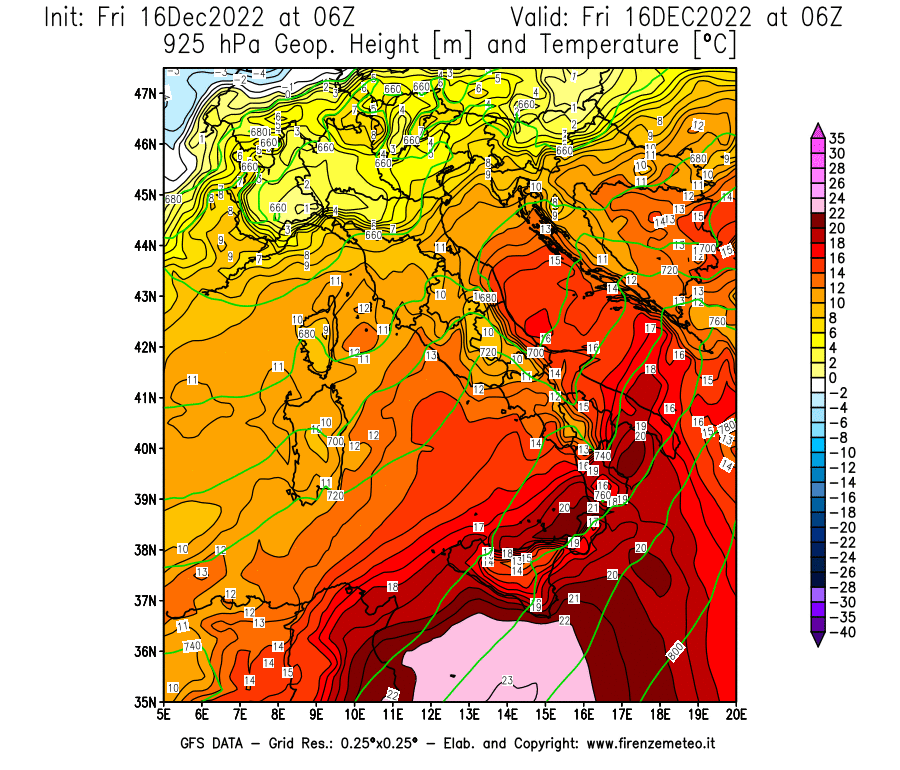 Mappa di analisi GFS - Geopotenziale [m] e Temperatura [°C] a 925 hPa in Italia
							del 16/12/2022 06 <!--googleoff: index-->UTC<!--googleon: index-->