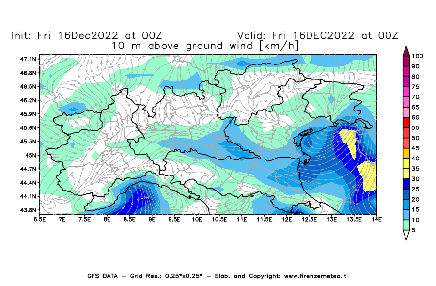 Mappa di analisi GFS - Velocità del vento a 10 metri dal suolo [km/h] in Nord-Italia
							del 16/12/2022 00 <!--googleoff: index-->UTC<!--googleon: index-->