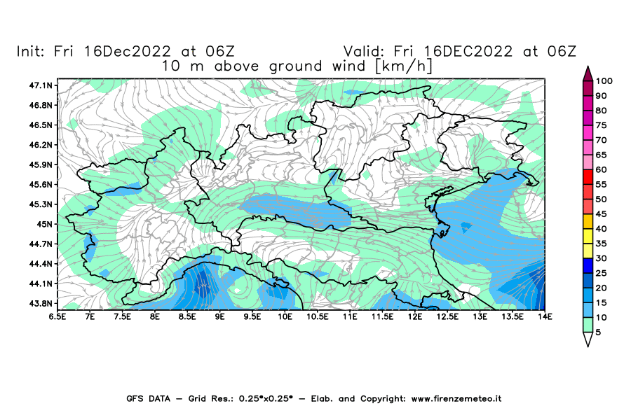Mappa di analisi GFS - Velocità del vento a 10 metri dal suolo [km/h] in Nord-Italia
							del 16/12/2022 06 <!--googleoff: index-->UTC<!--googleon: index-->