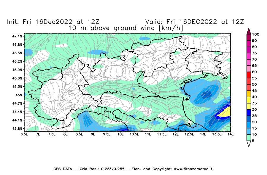 Mappa di analisi GFS - Velocità del vento a 10 metri dal suolo [km/h] in Nord-Italia
							del 16/12/2022 12 <!--googleoff: index-->UTC<!--googleon: index-->