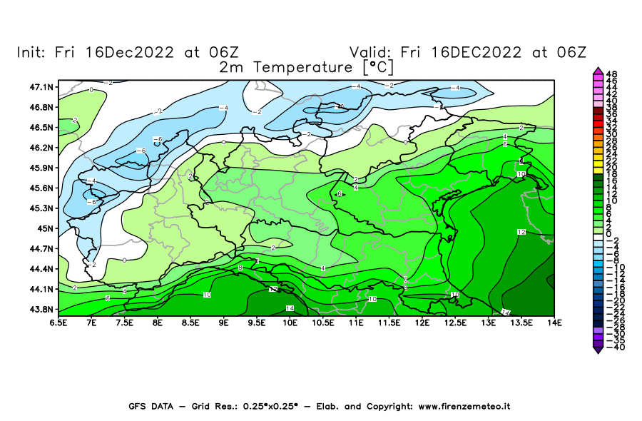 Mappa di analisi GFS - Temperatura a 2 metri dal suolo [°C] in Nord-Italia
							del 16/12/2022 06 <!--googleoff: index-->UTC<!--googleon: index-->
